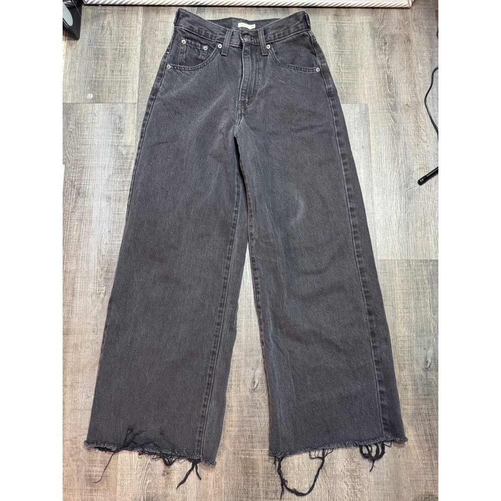 Levis Cinch Baggy High Rise Wide Leg Jeans Faded Black Raw Hem Size 24 W24 L27